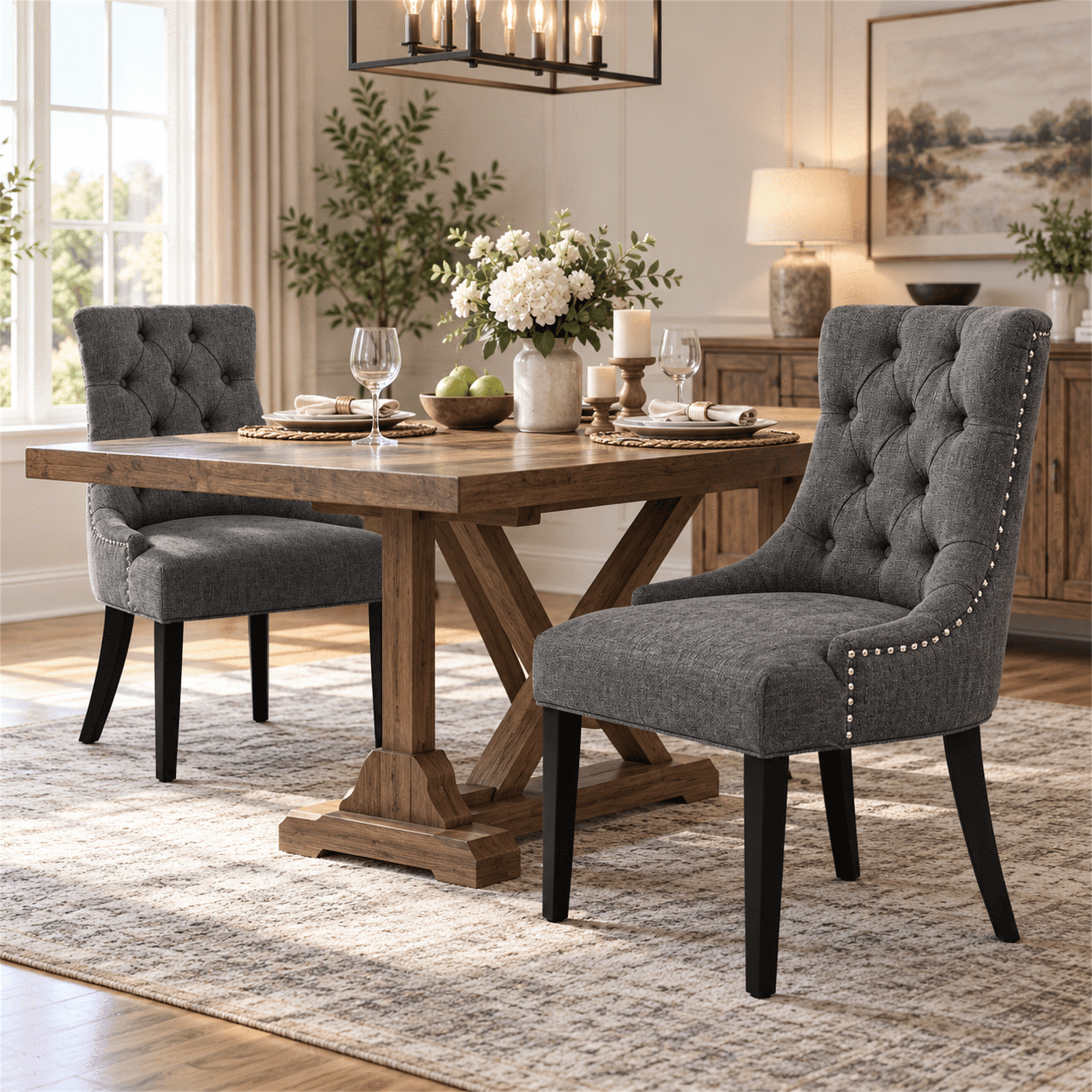 Homy Casa Set of 2 Tufted Upholstered High Back Dining Chairs with Nailhead Trim Charcoal