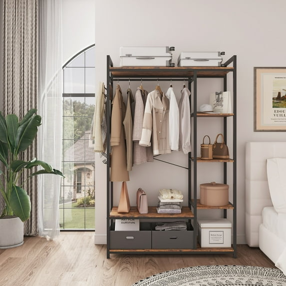 Coat rack with Storage, Large Coat Rack,Free-Standing Closet System with Open Shelves and Hanging Rod(Rustic Brown,45.3’’w x 15.75’’d x 70.08’’h).