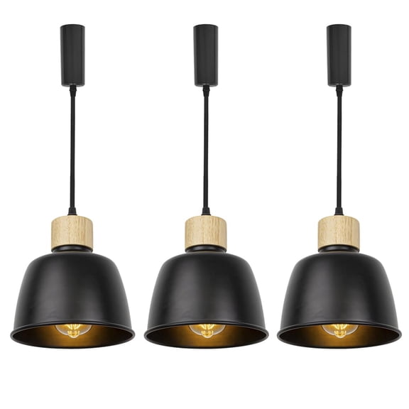 KAYYELAMP H-Type Track Lamp E26 Wood Base Black Metal Shade 3.2 Ft Adjusted Cord Vintage Track Pendant Light for Home Kitchen Farmhouse Set Three(No Bulb, Track)