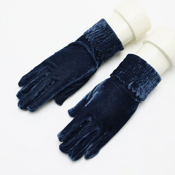 absanyy Women's Vintage Ruffled Cuff Velvet Gloves - Blue, One Size Fits Most - Warm Lightweight for Fall Winter & Holiday Parties