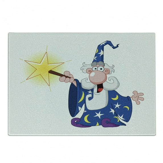 Wizard Cutting Board, Medieval Mage with a Crazy Face Expression Creating a Powerful Spell Clipart, Decorative Tempered Glass Cutting and Serving Board, in 3 Sizes, by Ambesonne