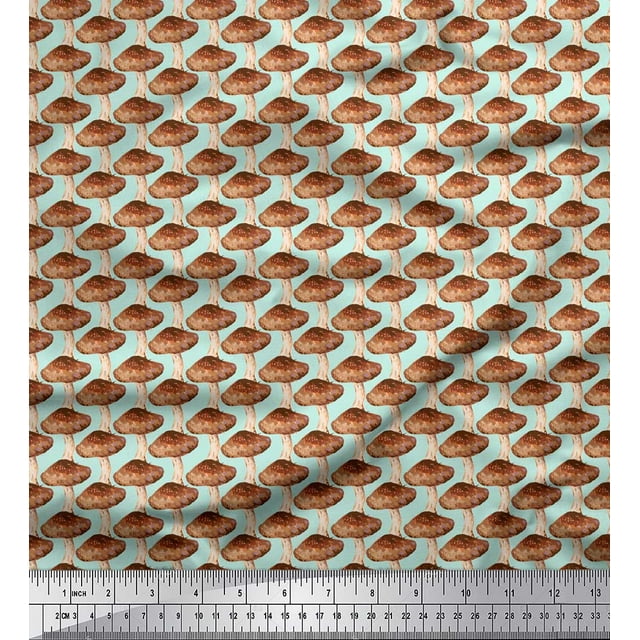 Soimoi Green Poly Georgette Fabric Mushroom Vegetable Print Fabric by the Yard 52 Inch Wide