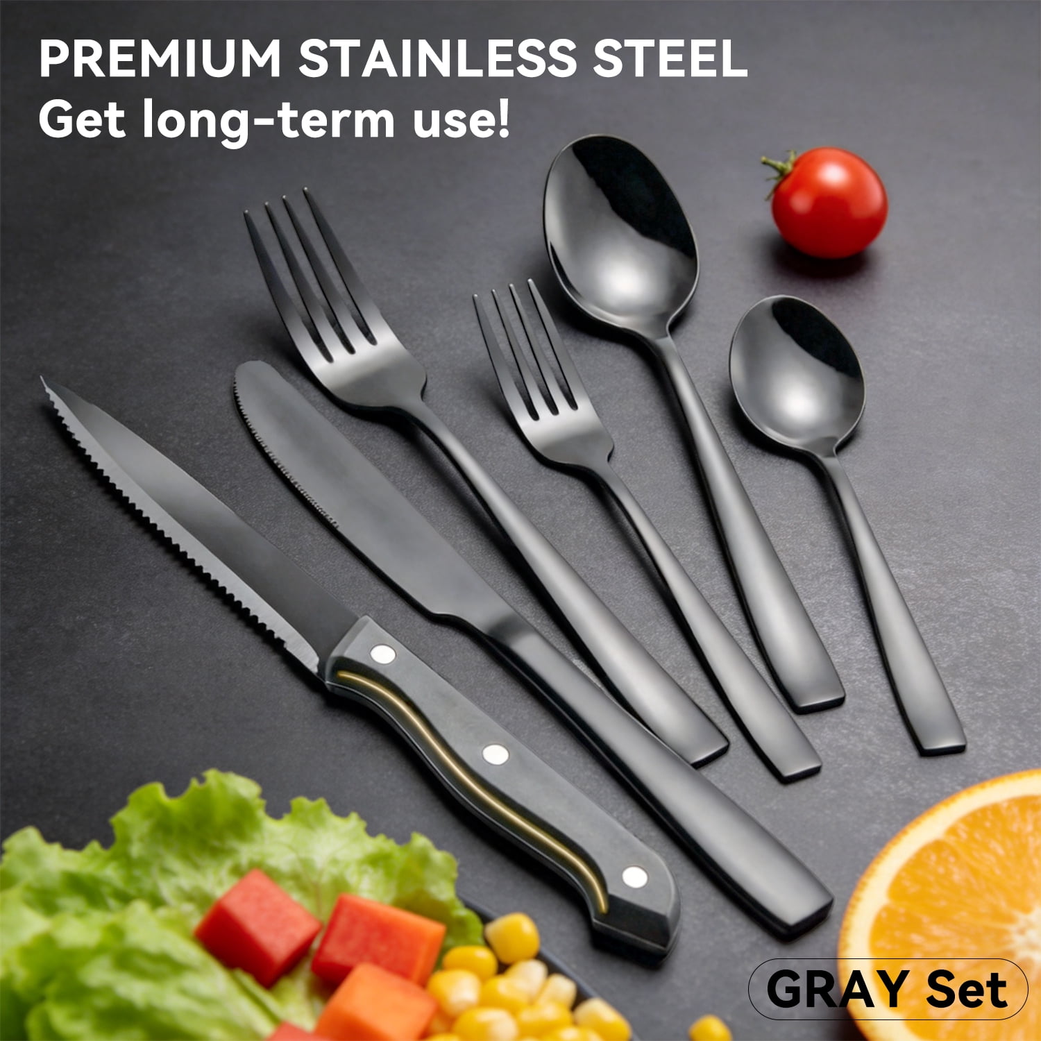 48-Piece Black Silverware Set for 8, with Steak Knives - Food Grade Stainless Steel Flatware Cutlery Utensil Set - Premium Mirror Polished Finish for Home Restaurant Daily Use