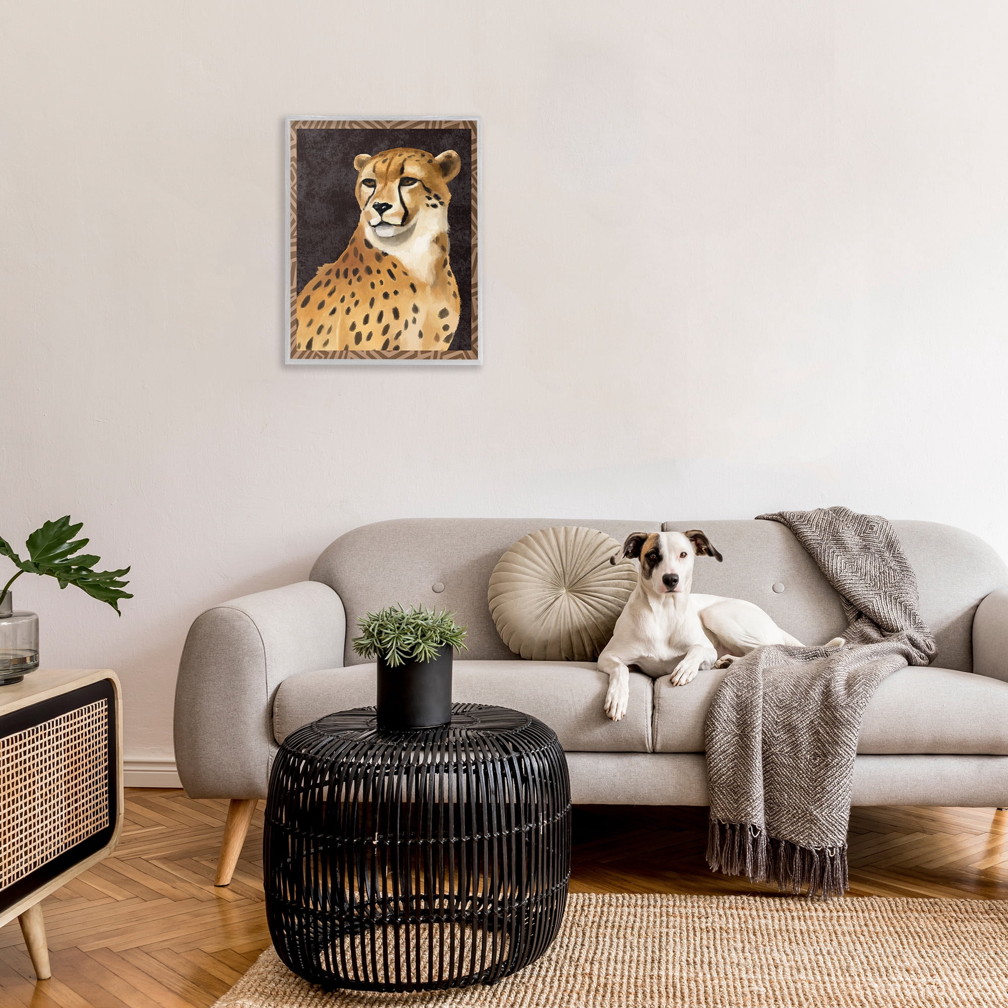 Stupell Industries Leopard with Geometric Border Animals & Insects Painting Gray Framed Art Print Wall Art, 24 x 30