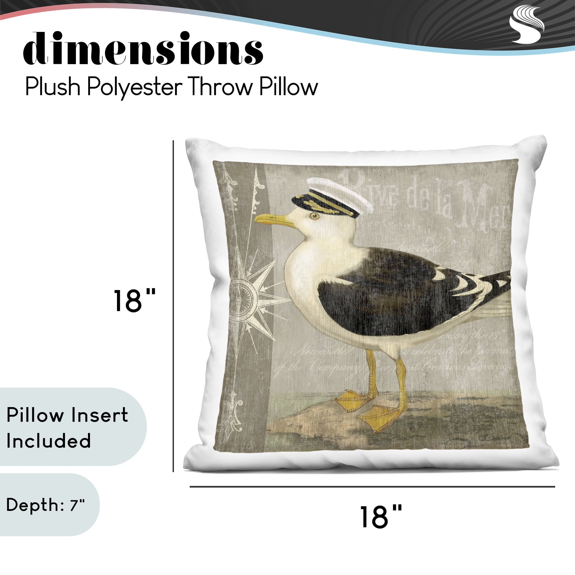 Stupell Industries Little Maritime Seagull Decorative Printed Throw Pillow, design by Suzanne Nicoll, 18 x 7 x 18