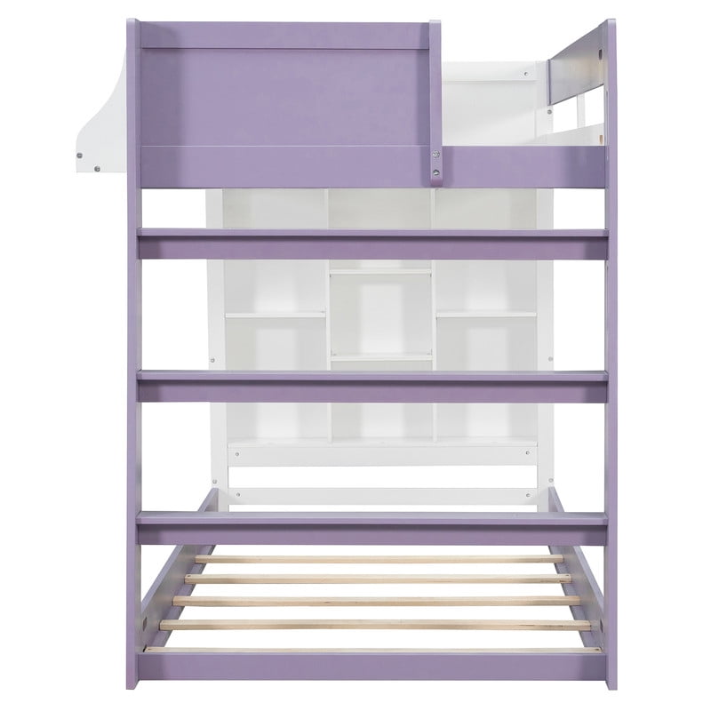 Twin-Over-Twin XL Kids/Teens Bunk Bed with Open Shelves & Guardrail, Accent Two-Tone Wood Storage Bed Frame with Bedside Rack