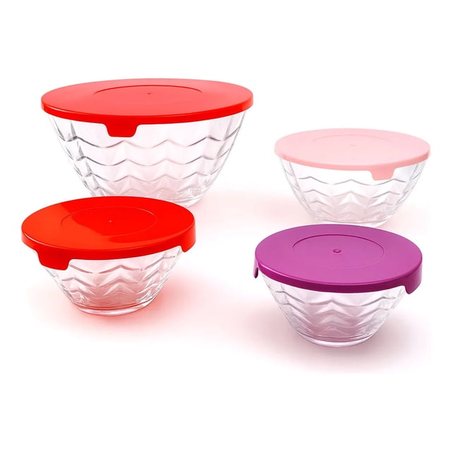 Set 4 Bowls Tazón De Cristal Texturizado Y Tapas De Plástico