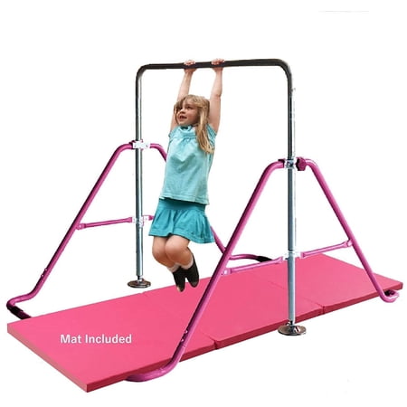 Adjustable Height Gymnastics Bar for Kids Kip Bar Set with 6 x2  Gymnastic Tumble Mat  Horizontal Bar Expandable Junior Training Bar Monkey Bar Home Fitness Children Gymnastics Balance Bar (Pink)
