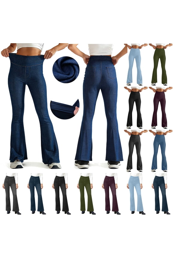 Blue Women's Denim Pants High Waisted Stretchy Flare Jeggings Casual Pull On Bell Bottom Jeans with Pockets