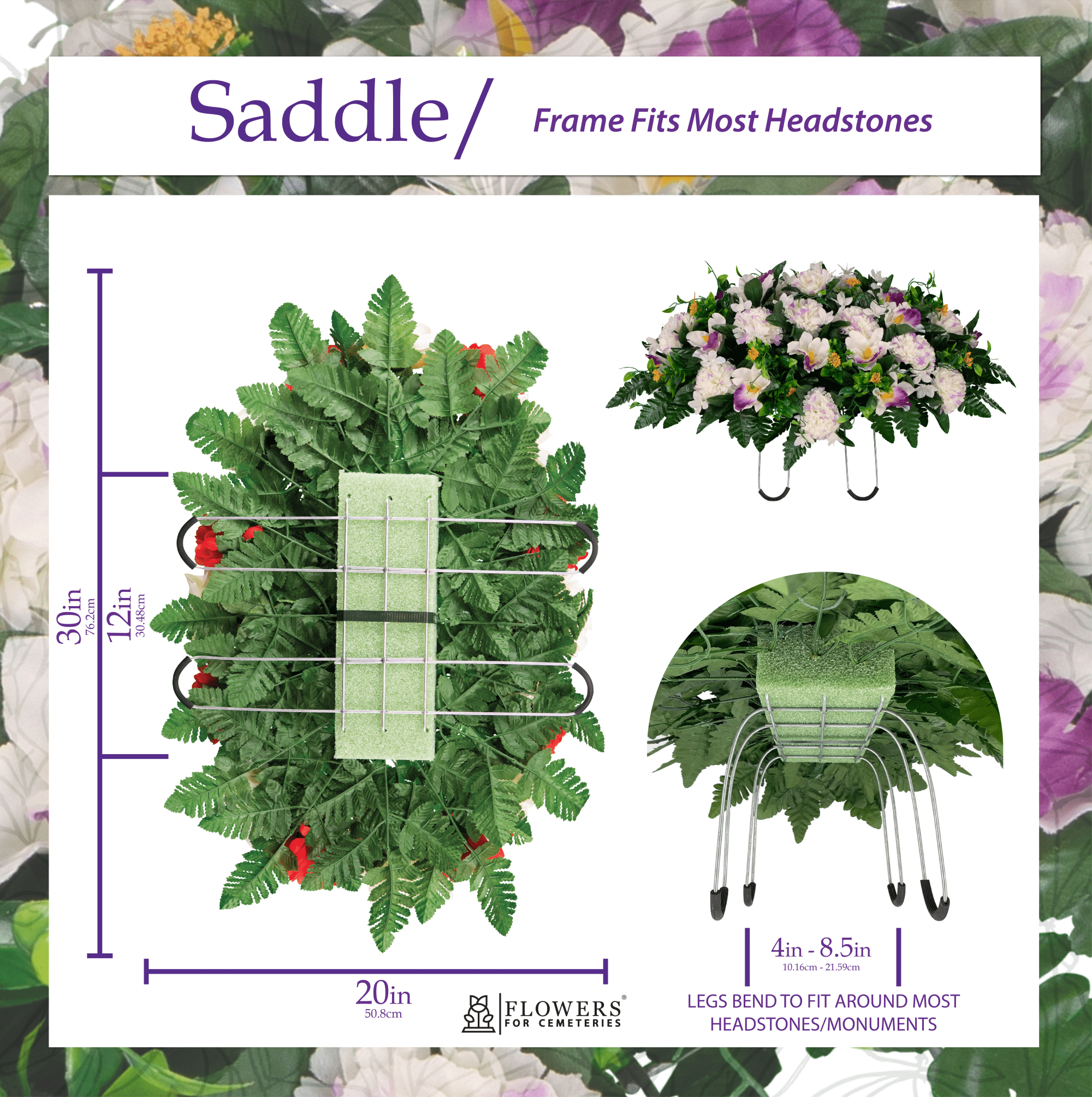 Sympathy Silks Artificial Cemetery Flowers - White and Purple Carnation and Alstroemeria - Saddle for Headstone