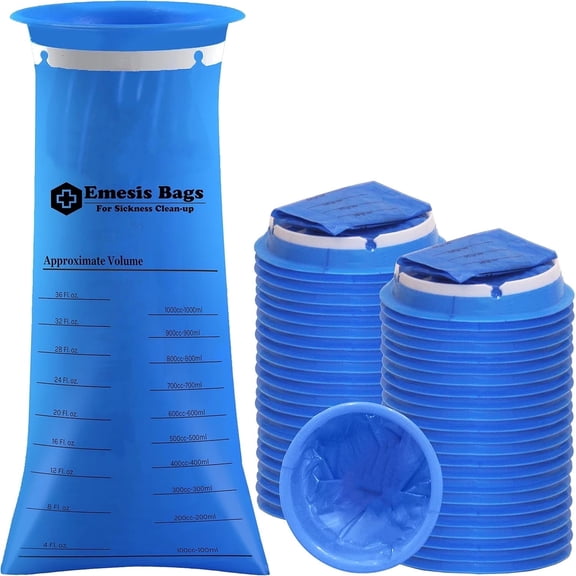 AMQTSLM Vomit Bags – 50 Pack – 1000ml Blue Emesis Bags – Leak Resistant, Medical Grade, Portable, Disposable Barf, Puke, Throw up, Nausea Bags for Travel Motion Sickness, Car & Aircraft, Taxi
