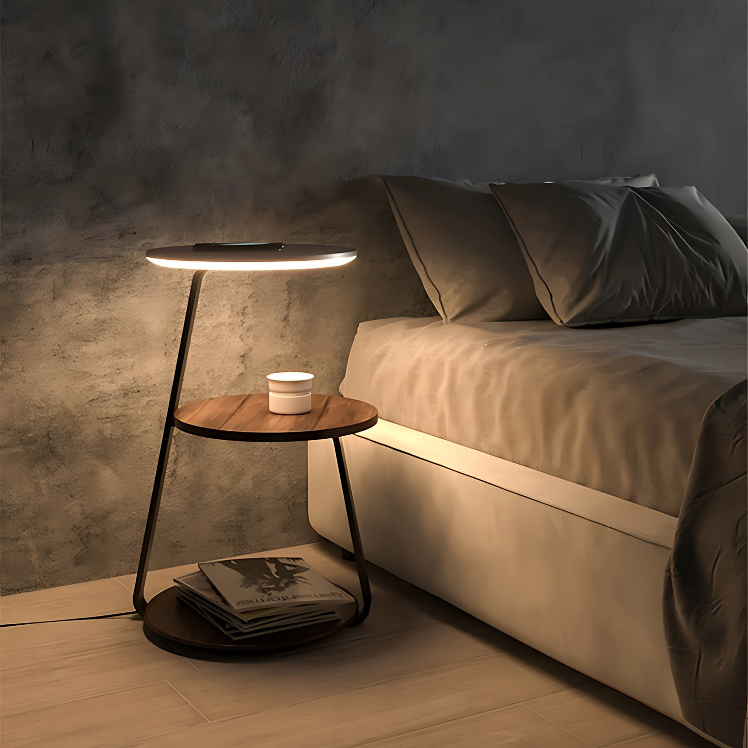 Modern 3-Tier LED Side Table with USB Port – Wooden Round End Table for Living Room, Bedroom, Office – Nightstand with Storage Shelves & Built-in Light – Minimalist Bedside Lamp Table