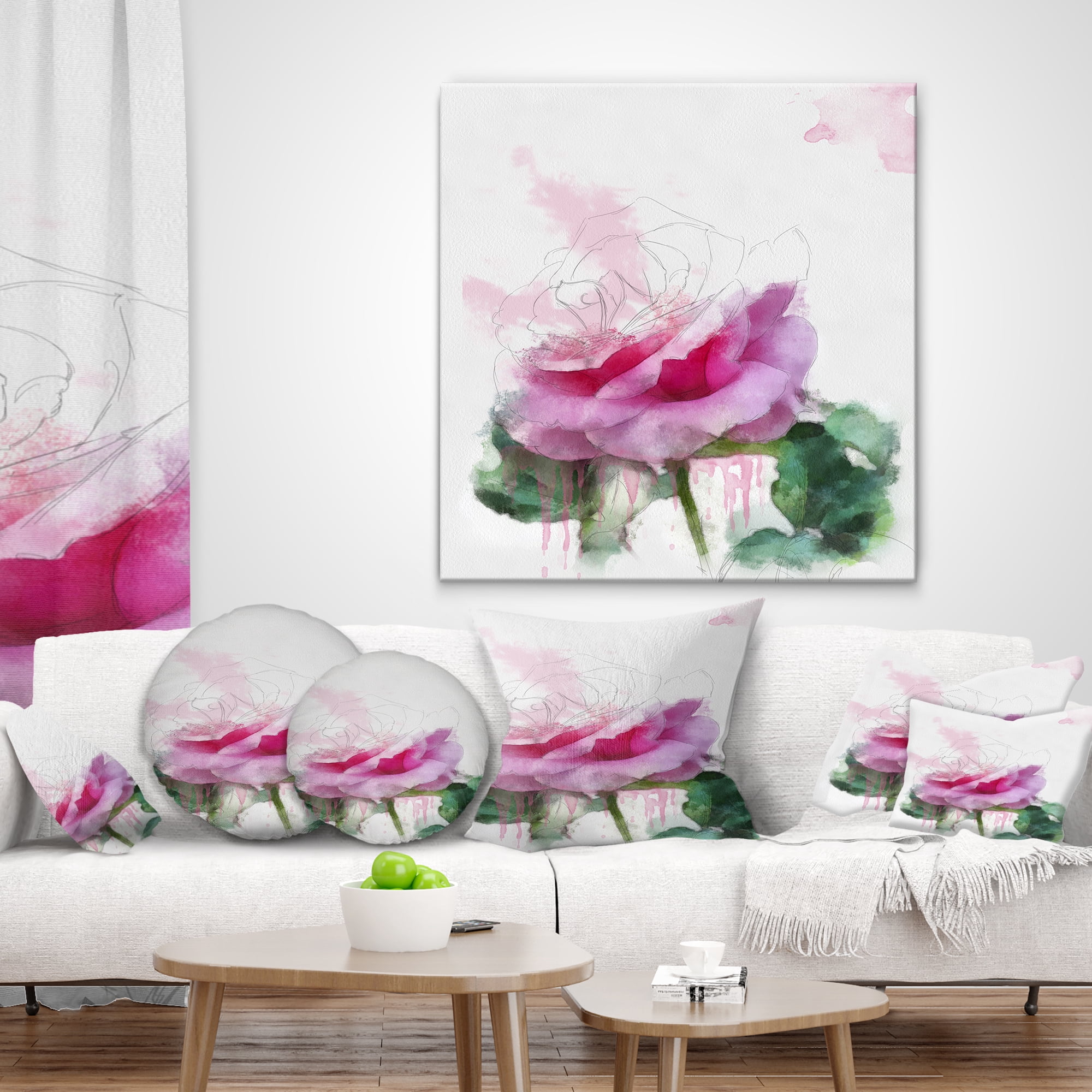 Designart Pink Rose Stem with Paint Splashes - Floral Throw Pillow - 16x16