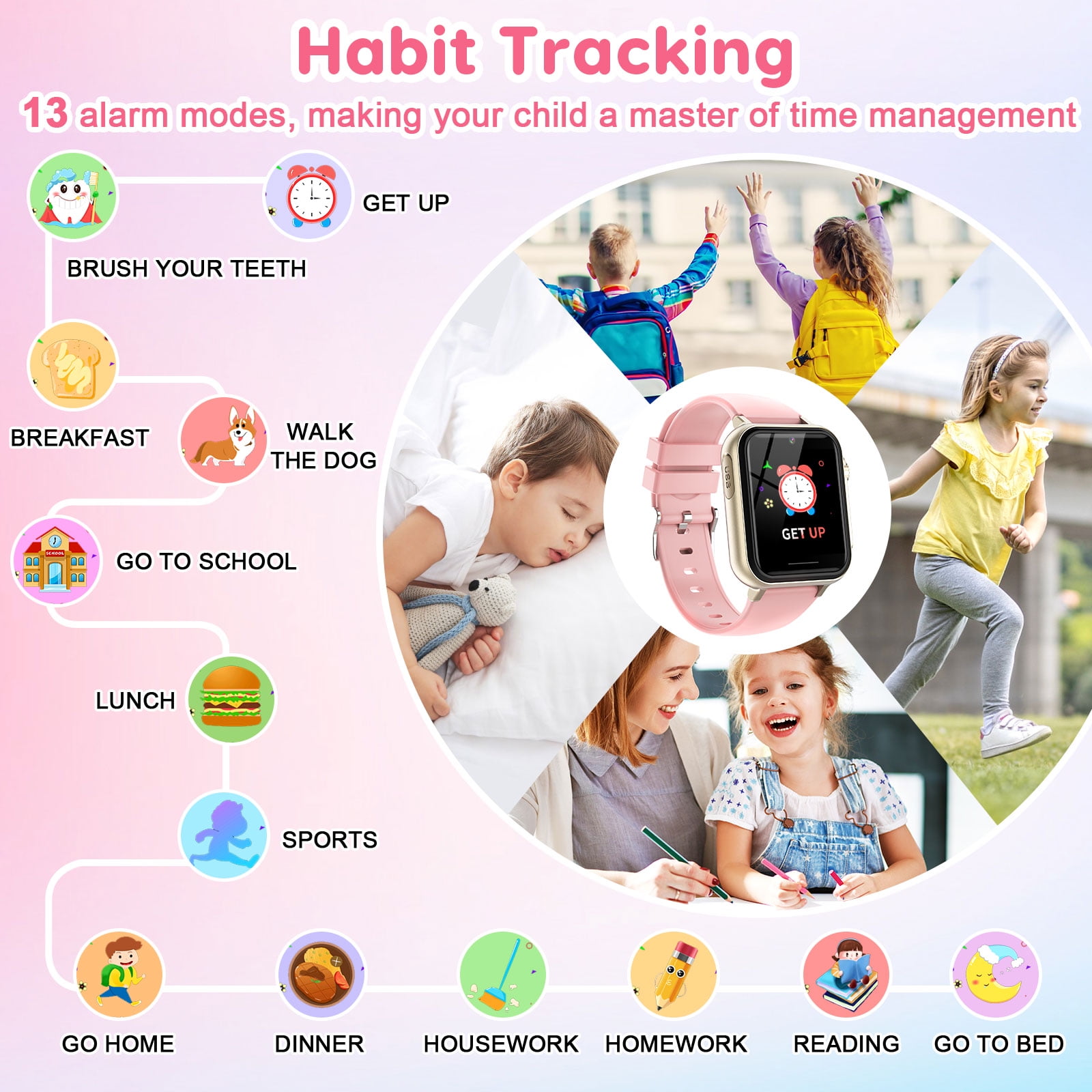 Eurhowing Kids Smart Watch Age 3-12, 31 Games, Learning Cards, HD Touch Screen, Camera, Music, Audiobook, Pedometer, Fun & Educational Birthday Gift Idea, Pink