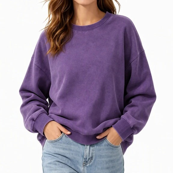 Lmnyox Sweatshirts for Women Vintage Loose Solid Color Crew Neck Pullover Casual Long Sleeve Tops