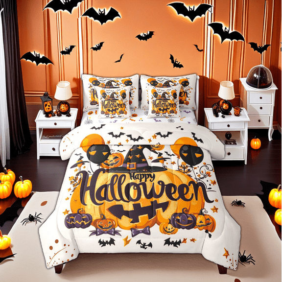 jejeloiu Halloween Spooky Pumpkin Twin Bedding Sets 7-Piece,Purple Kawaii Bowtie Bedding Comforter Set,Happy Halloween Bats Sheet Sets For Child,Ultra Soft Bedroom Decorative Reversible