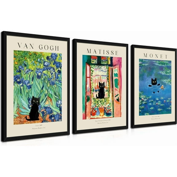 Monet Wall Art Set of 3 - Funny Cat in Water Lilies Canvas Paintings Prints, Garden Flowers Black Cat Aesthetic Pictures for Room Bedroom Living Room Bathroom 12x16 Framed