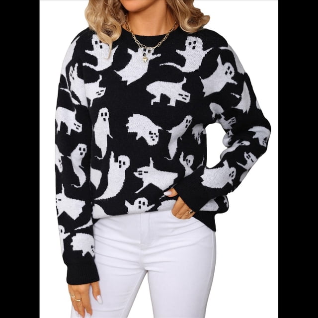 Suéter de Punto Informal con Cuello Redondo y Larga con Forma de Corazón para Mujer. Negro S