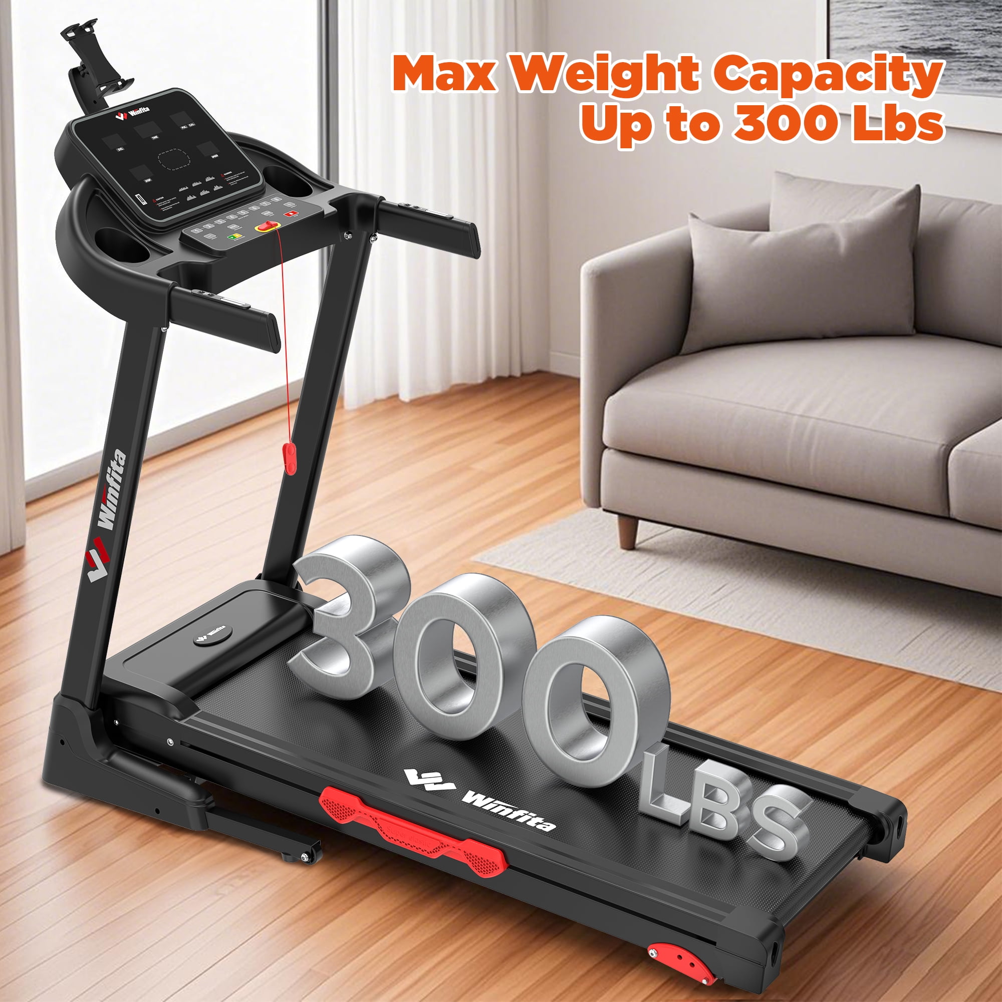 Winfita Foldable Treadmill with 6% Manual Incline for Home, 8 MPH Speed, 300 LB Capacity, 42"x17" Belt, App & Bluetooth Speakers, Tablet Holder, Pause Function, 64 Preset Programs, Black
