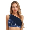 thumbnail image 3 of Doomiva Women 2Pcs Latin Dance Outfit Figure Skating Dress One Shoulder Crop Top + Tassel Shorts Navy Blue L, 3 of 7