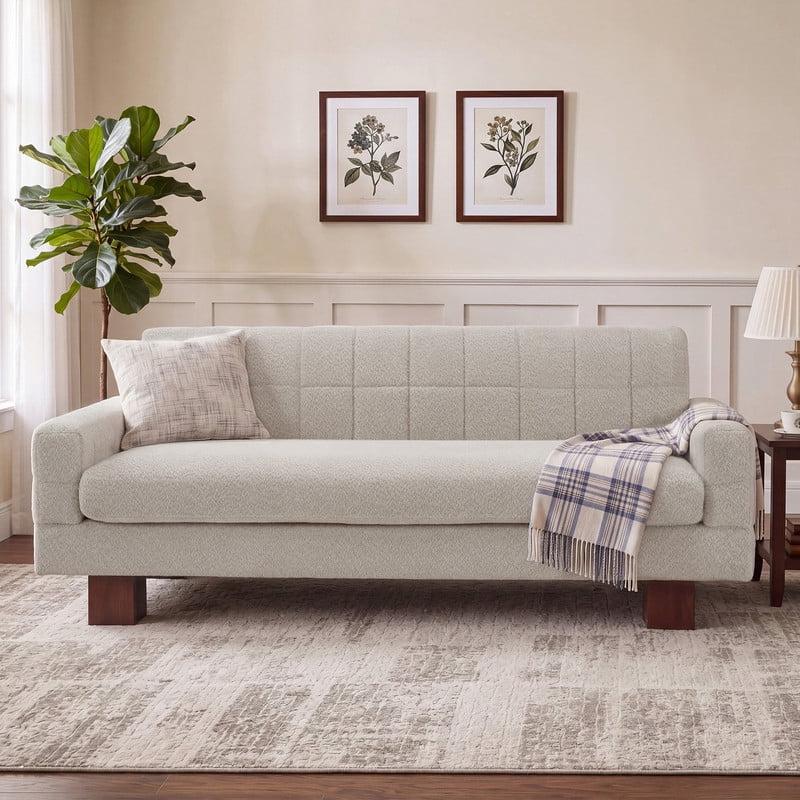Upholstered 2-3 Seater Loveseat, Boucle Fabric Biscuit Backrest Sofa with Square Arms, Modern Couch with Solid Wood Legs