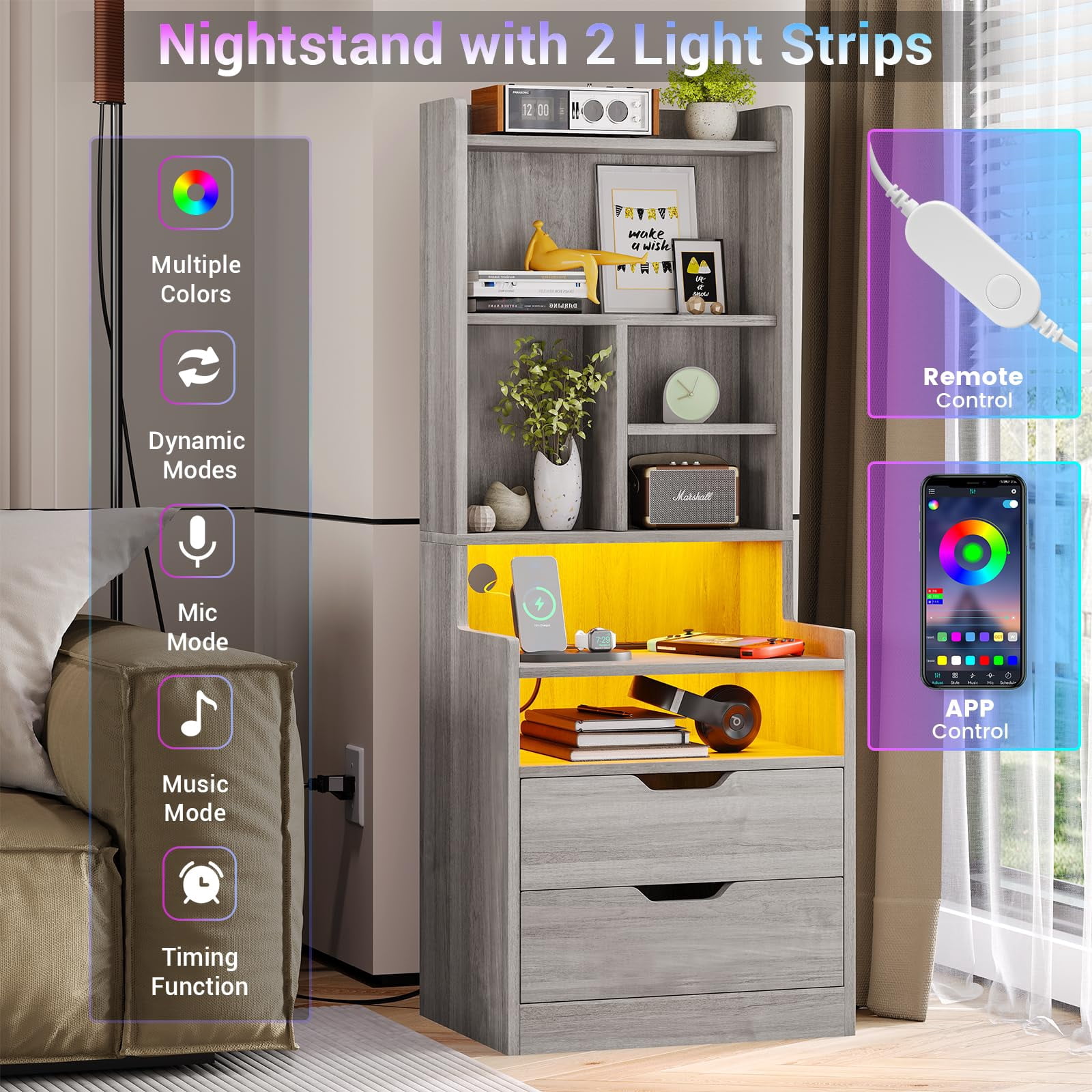Afuhokles Tall Nightstand Set of 2 with Charging Station and LED Lights, Night Stand with Bookshelf,Bedside Table with Drawers, Gray