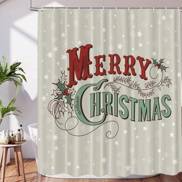 Red Christmas Christmas Merry Lettering Decor Shower Curtain Set,White Snowflake Polyester Shower Curtain for Shower Stall Bathroom Waterproof with 12 Hooks 72x72 Inch
