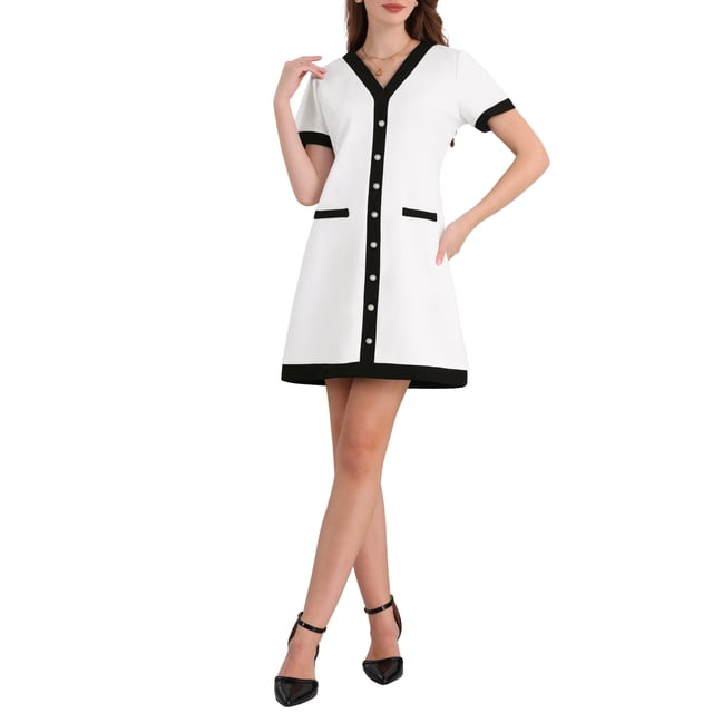 Vestido de trabajo elegante de mujer INSPIRE CHIC con contraste de color, escote en V, manga corta, corte A, color blanco
