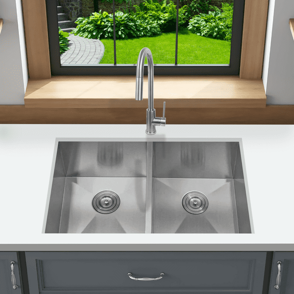 KBFmore Zero Radius 31 inch 18 Gauge Double Bowl Undermount Kitchen Sink