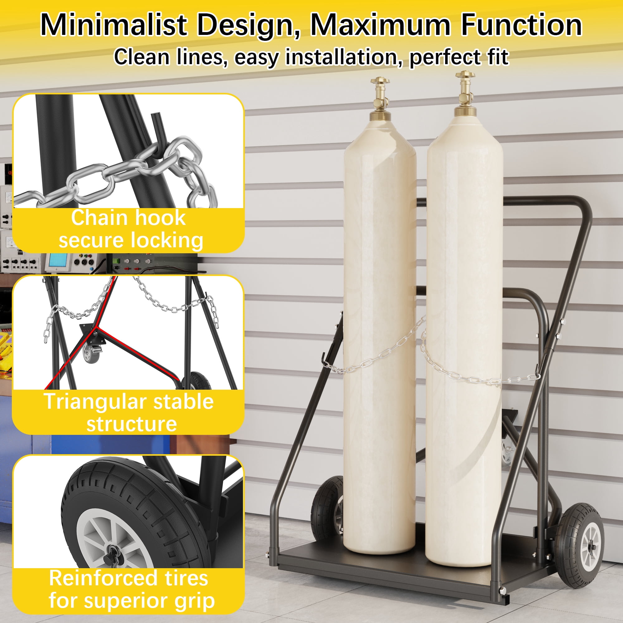 Heavy Duty Gas Cylinder Cart with Auxiliary Wheel - Dual Oxygen Acetylene Dolly & Welding Tank Hand Truck with Secure Chain, Triangular Structure & All-Terrain Tires