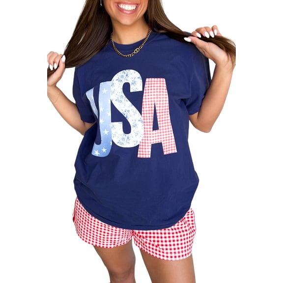 Women's Blue USA Graphic July 4th Crew Neck T-Shirt - Perfect for Independence Day | [ZhiHiMeRi] | (US 20-22)2XL