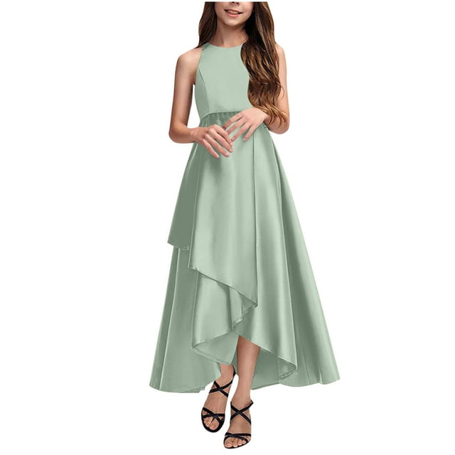 Bwiyojiz Tailles Mode 110-160 Robe de Performance Confortable Unie pour Filles Sans Manches à Col Rond Jupe Longue pour Enfants