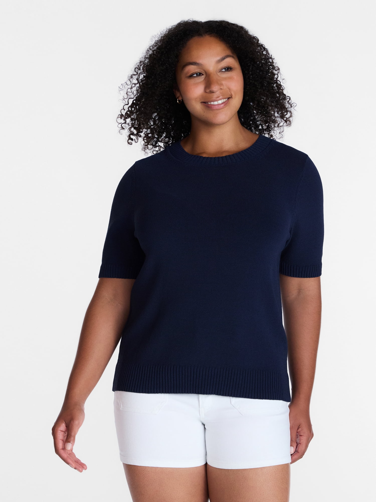Time and Tru Women's Crewneck Sweater with Short Sleeves, Lightweight, Sizes XS-XXXL