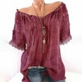 thumbnail image 4 of ZQGJB Plus Size Off the Shoulder Tops for Women Casual Lace Trim Short Sleeve Solid Color T-Shirts Loose Fit Comfy Pullover Oversized Tshirt Blouse Wine M, 4 of 7