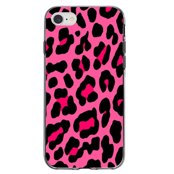 DistinctInk Clear Shockproof Hybrid Case for iPhone 7 8 SE (2020 Model) 4.7" Screen TPU Bumper Acrylic Back Tempered Glass Screen Protector - Hot Pink Black Leopard Skin Spots