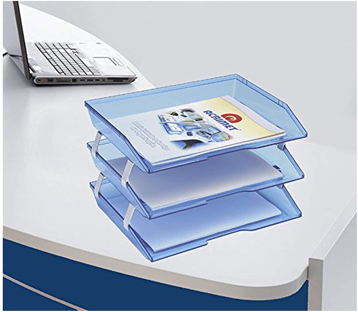 Acrimet Facility 3 Tier Letter Tray Side Load Plastic Desktop File Organizer (Clear Blue Color)