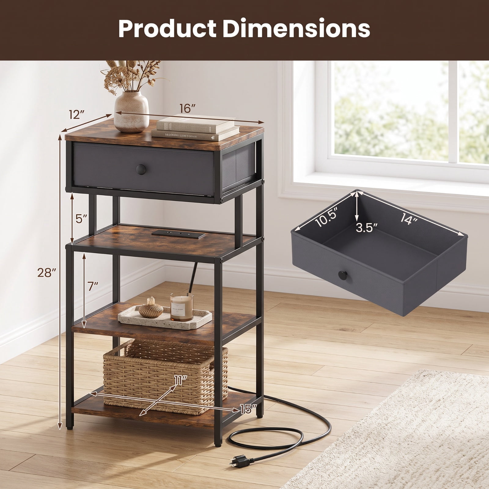 Furnibear Set of 2 Nightstand with Charging Station 28 Inch Tall Bedside Table with Fabric Drawer for Bedroom Living Room Bedside Sofa, Rustic Brown