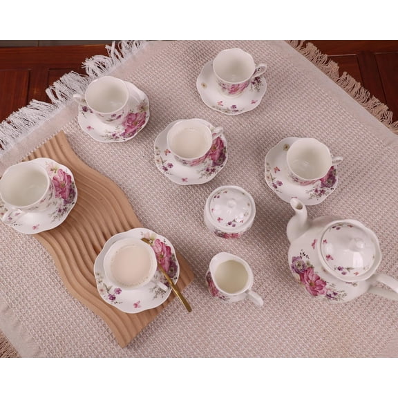 Guangyang 15pcs Porcelain Tea Sets 7 OZ Cups& Saucer Service for 6, with Teapot Sugar Bowl Cream Pitcher for Tea/Coffee