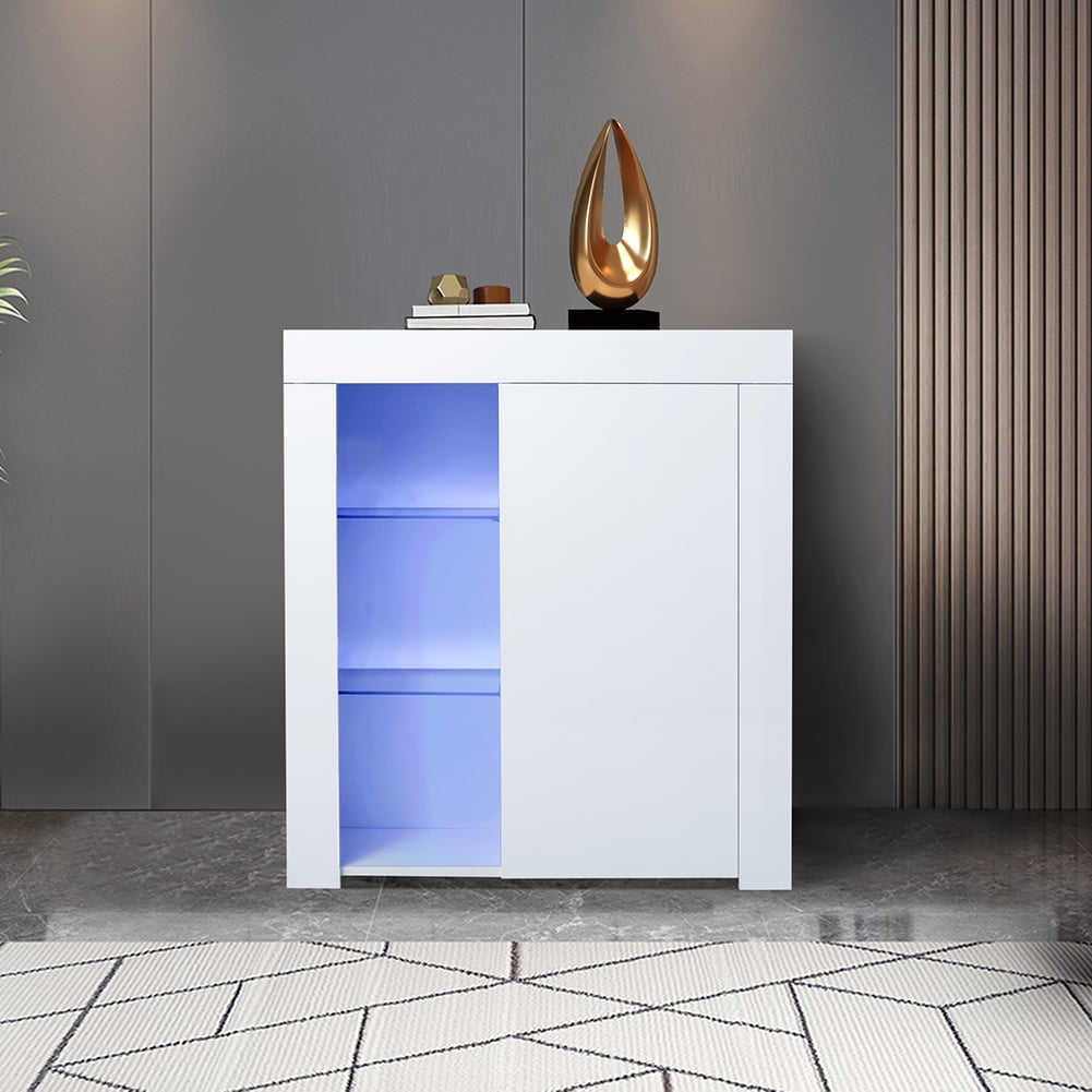 Keooman Modern Sideboard with Blue LED Light, Wooden Kitchen Buffet Bar Storage Cabinet with Shelves & Door for Dining Room Hallway, White