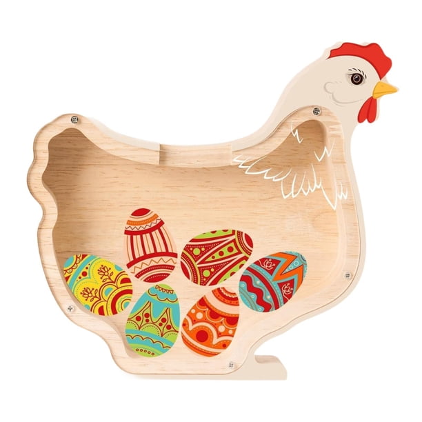 Hucha de madera con forma de cerdito, ideal como alcancía de mesa para niños y niñas. Gallina