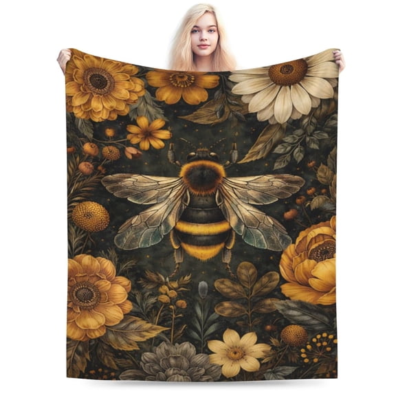 Buzzing Bee Floral Throw Blanket, Vintage Flower Bumblebee Blankets for Bedroom Living Room Couch Decor, Fuzzy Cozy Soft Lightweight Throws, for Nature Lover Women Girl 60x50