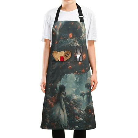 

WOBOGO Shaped Like A Mushroom Long Apron Waterdrop Resistant with 2 Pockets Cooking Kitchen Chef Apron for Women Men