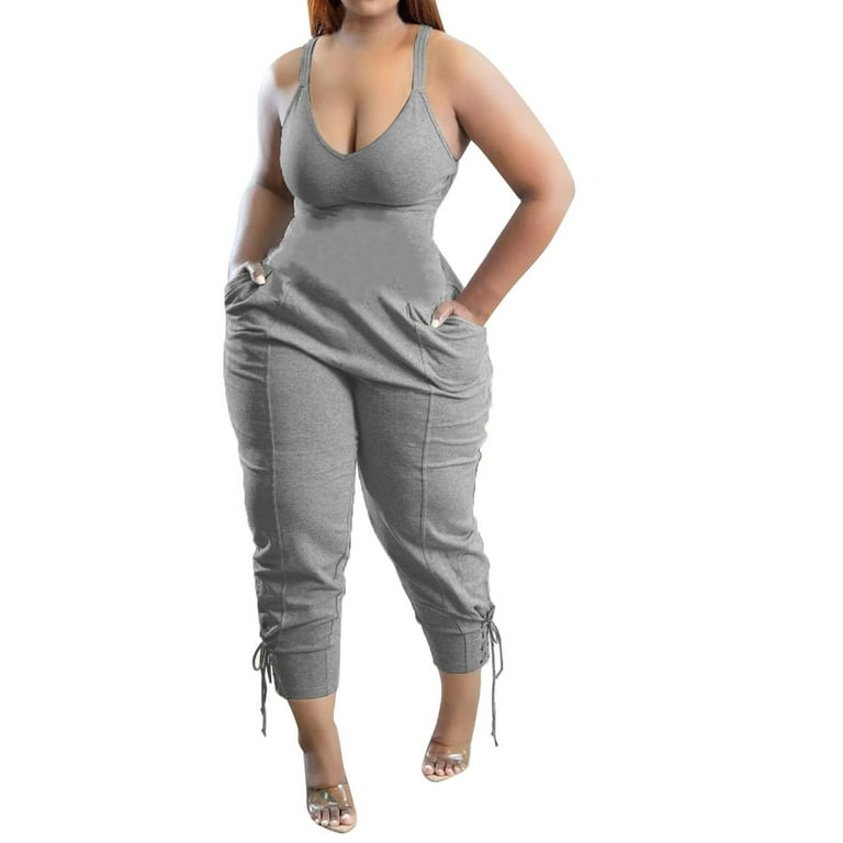 JNGSA Women's Plus Size Jumpsuit Summer Solid Color Casual Camis Sleeveless  Overalls Work Out Rompers with Pockets Gray