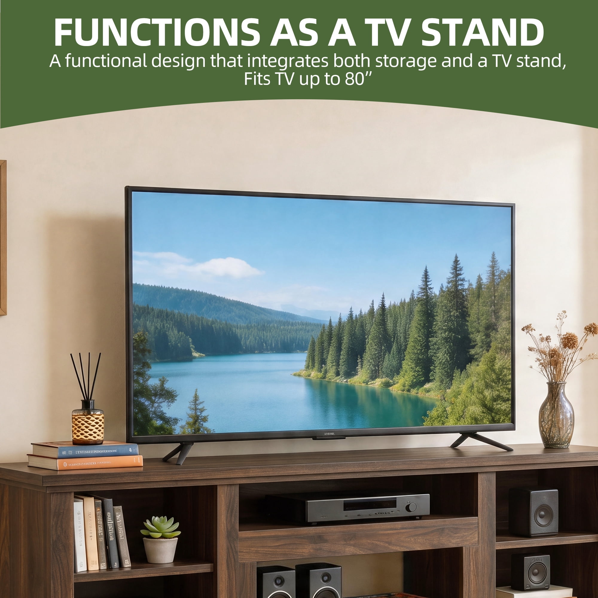Uforic 70"W Farmhouse TV Stand, Adjustable Shelf Entertainment Center for 75/80 Inch TVs, Walnut