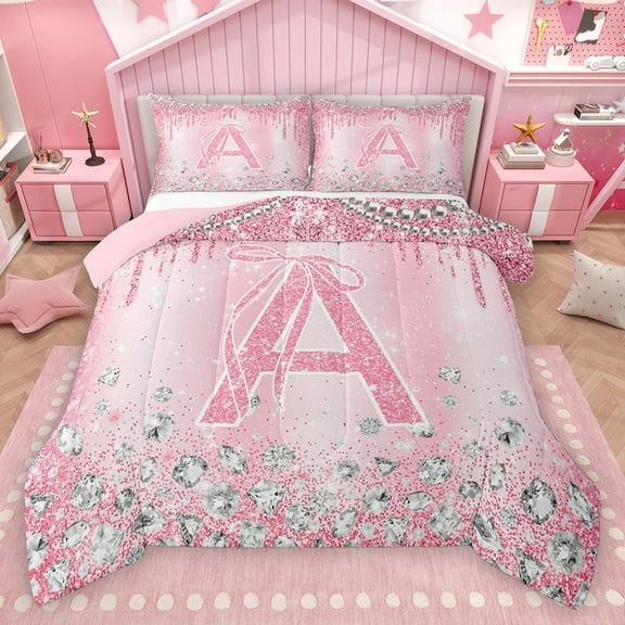 Homewish Monogrammed A Theme Bedding Comforter Set,Cartoon Stereoscopic Diamond Twin Comforter Sets,Pink Sparking Print Bedding Set For Girl Teens,Ultra Soft Bedroom Decor Reversible,2 Pieces