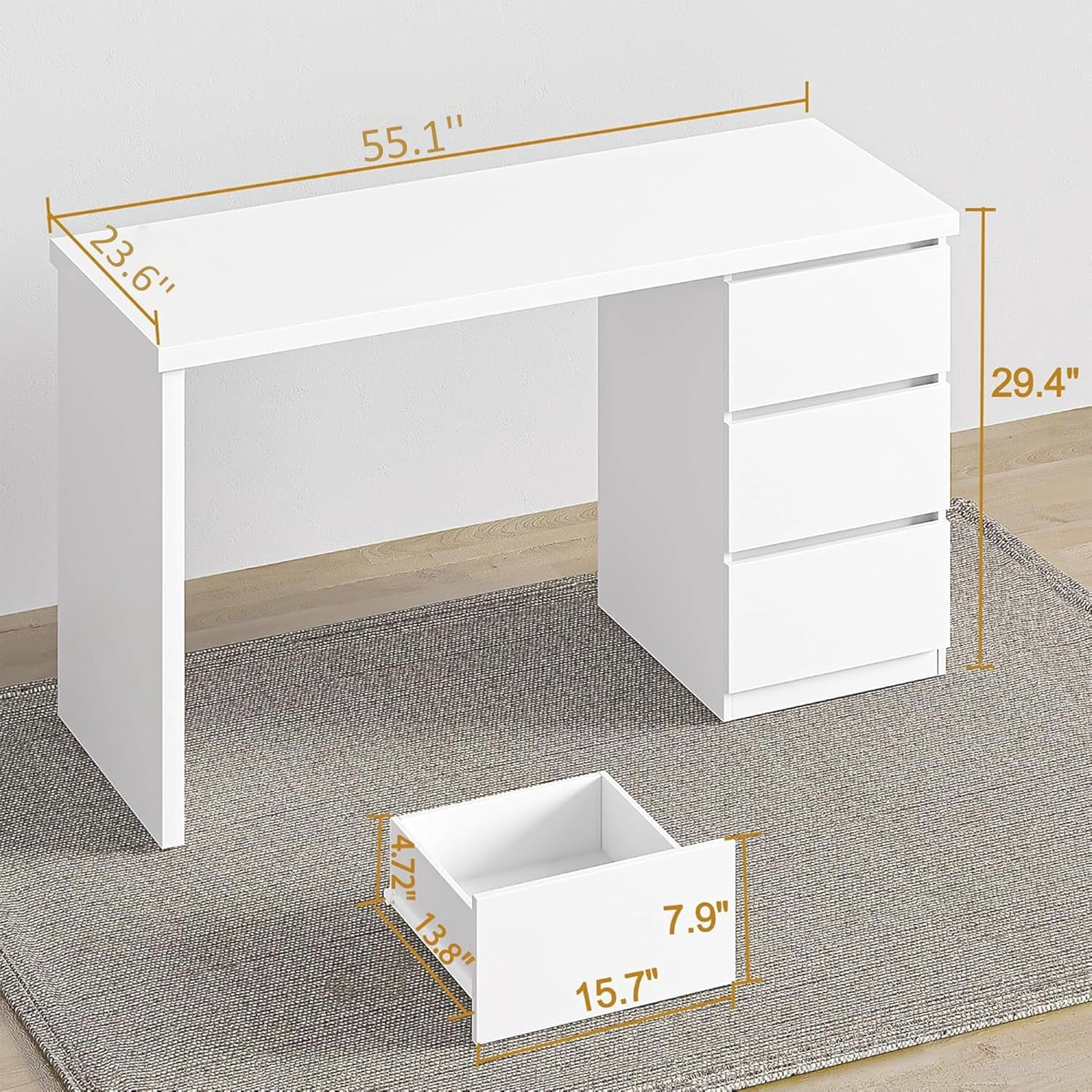 White Desk with Drawers, 55'' W Home Office Computer Desk Gaming Table, Modern Vanity Desk with Storage, Wood Writing Workstation for Bedroom, Living Room, White