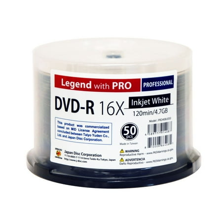 Pro Line Mid Range Disc - 50 Spindle DVD-R Legend with PRO TY-JDC 16X 4.7GB 120Min (MID TYG03) White Inkjet Hub Printable Blank Recordable Disc