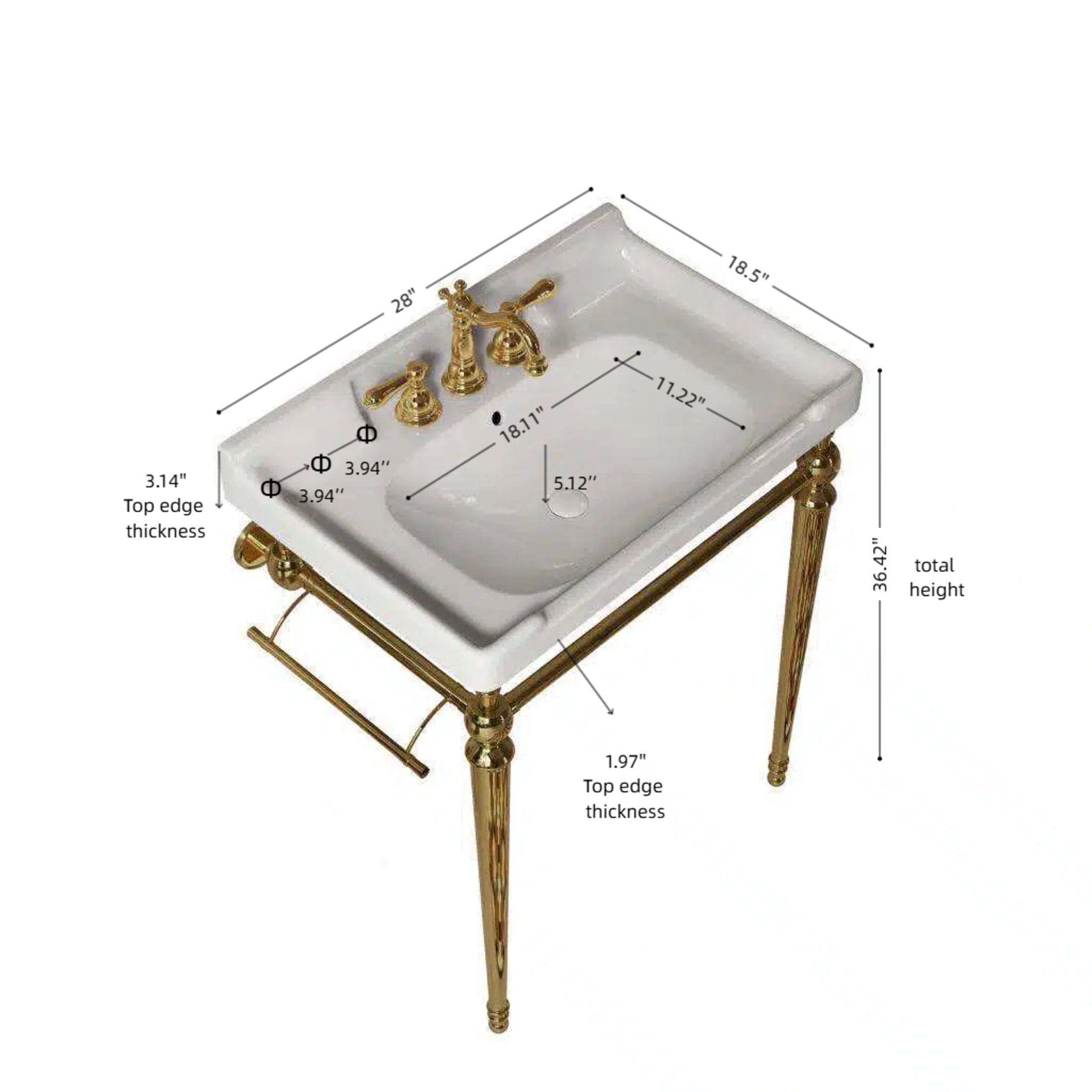 Noble House VICI 28" Bathroom Console Sink, Wall-Mounted Ceramic Basin Vanity with Stainless Steel Legs, White & Gold