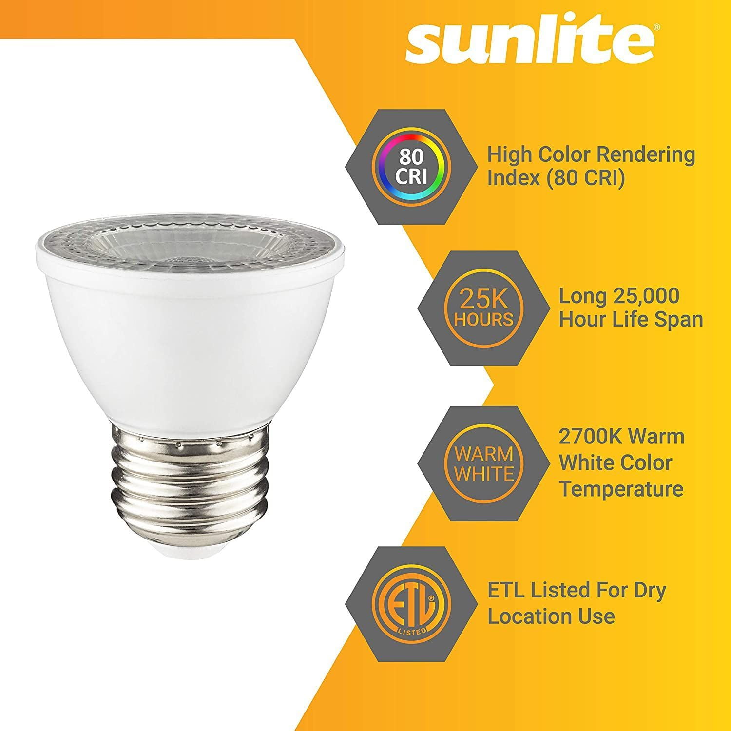 Sunlite LED PAR16 Short Neck Recessed Spotlight Bulb 7 Watts, (60W Halogen Replacement), Medium E26 Base, Dimmable, ETL Listed, 2700K Warm White, 6-Pack
