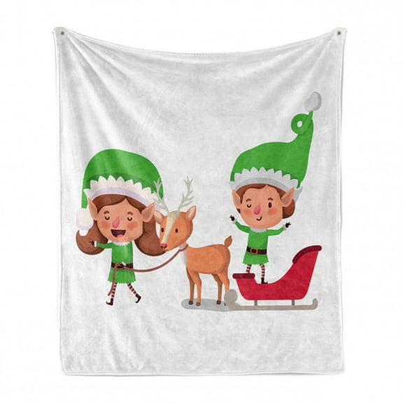 Elf Soft Flannel Fleece Throw Blanket, Elves and Reindeer on Sleigh Christmas Characters, Cozy Plush for Indoor and Outdoor Use, 60" x 80", White Multicolor, by Ambesonne